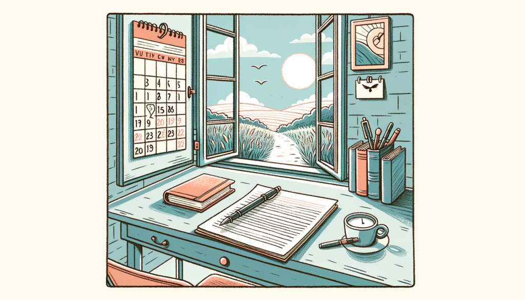 DALL·E 2023 11 29 06.34.36 A hand drawn style illustration in pastel colors designed for students aged 10 to 12. The image shows a minimalist writers desk with an unfinished m